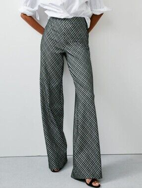 NWT Spanx Jacquard Black Plaid Ponte Wide Leg Pull On Academia Pants Size Large